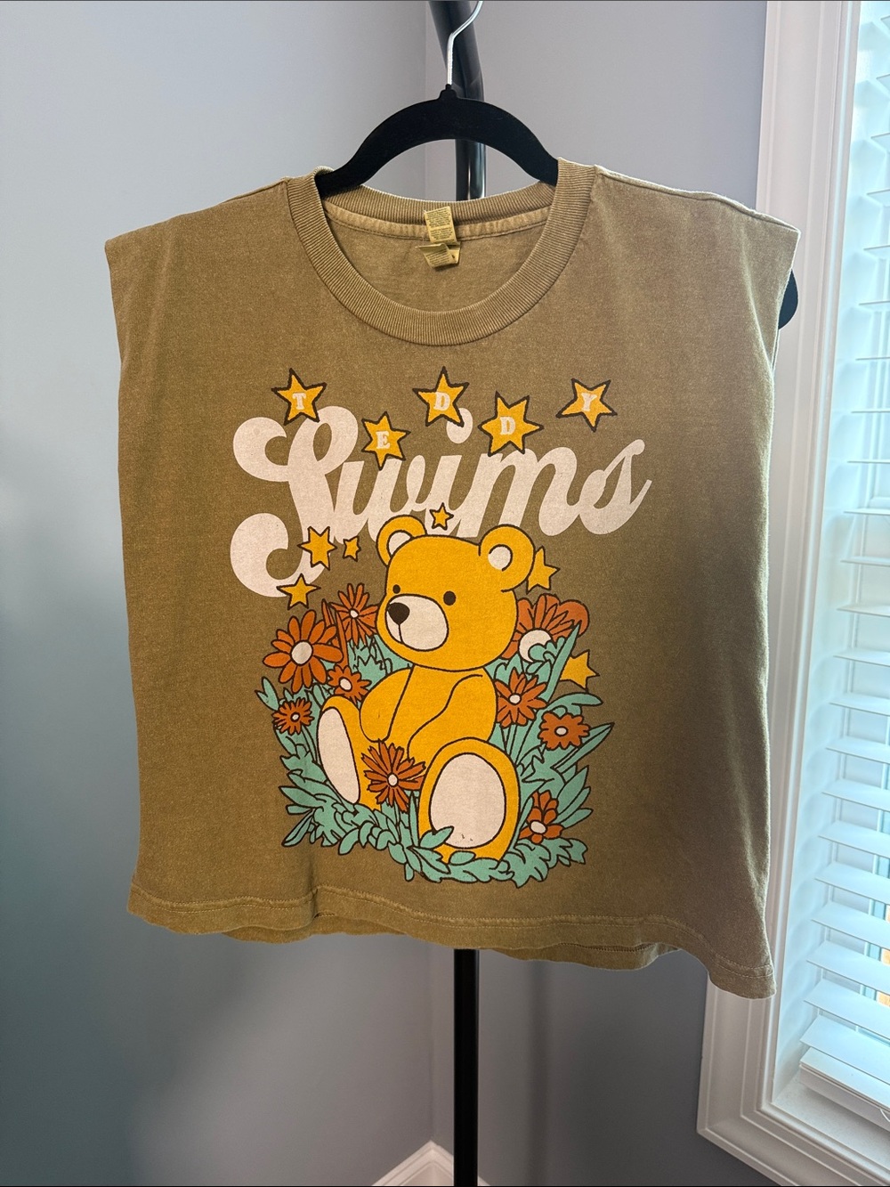 Teddy Swims Olive Bear Graphic Muscle Tee with Floral Print